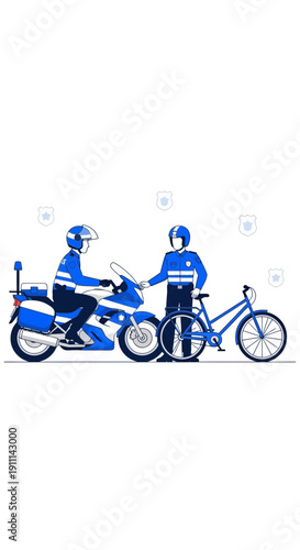 Police Officers On Motorcycle And Bicycle Representing Law Enforcement And Order