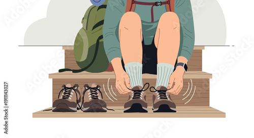 Preparation For A Journey With Backpack And Hiking Boots On Wooden Steps