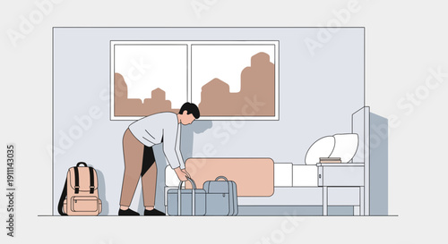 Preparing For A Trip Someone Packing Bags In A Hotel Room Illustration