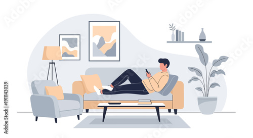 Relaxed Man Using Smartphone On Couch In Modern Living Room