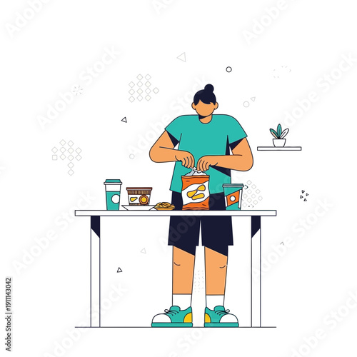 Person Opening Snack Bag Surrounded By Food And Drinks Table Setting