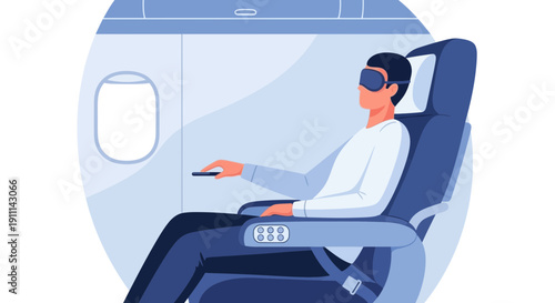 Relaxed Traveler Sleeping In Airplane Seat Using Sleep Mask Enjoying Flight Journey