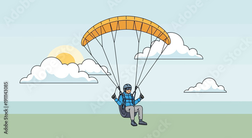 Person Paragliding High Above The Ground Amidst Clouds And Sun