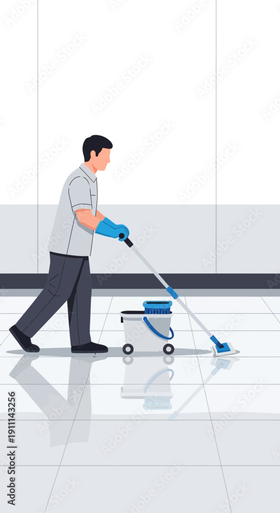 Fototapeta premium Professional Cleaner Mopping Reflective Floor In Modern Office Space