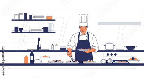 Professional Chef Arranging Gourmet Food Dishes In Modern Kitchen Setting