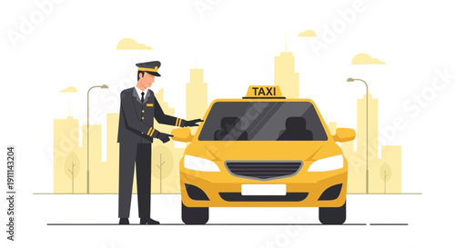 Professional Chauffeur Attending To A Yellow Taxi In A Stylized Cityscape