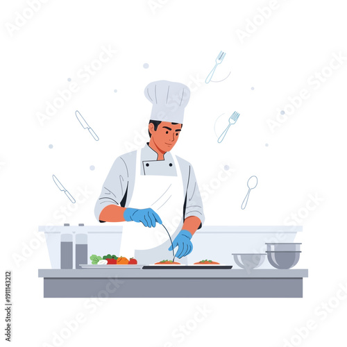 Professional Chef Preparing Gourmet Food In A Modern Kitchen Setting