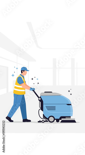 Professional Cleaner Operating Industrial Floor Scrubber Machine In Modern Building