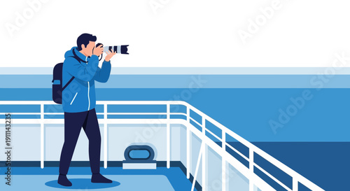 Photographer Capturing Scenic Ocean Views From Cruise Ship Deck