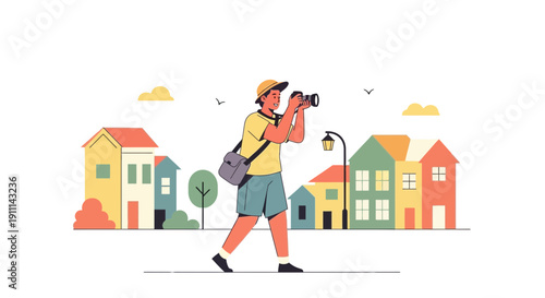 Photographer Capturing Scenic Town Architecture In A Vibrant Illustration Style