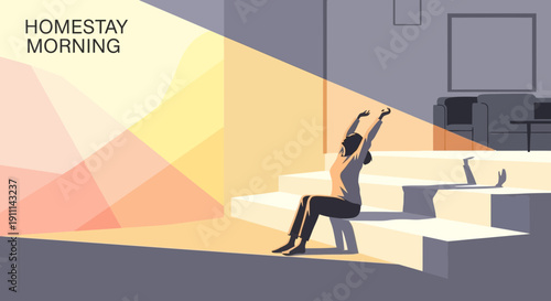 Relaxing Homestay Morning Sunlight Stretching Serenity Peaceful Awakening Lifestyle