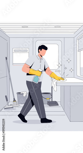 Professional Cleaner Performing Detailed Surface Sanitization In Modern Space