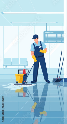 Professional Cleaner Maintaining Pristine Public Spaces With Mop And Bucket