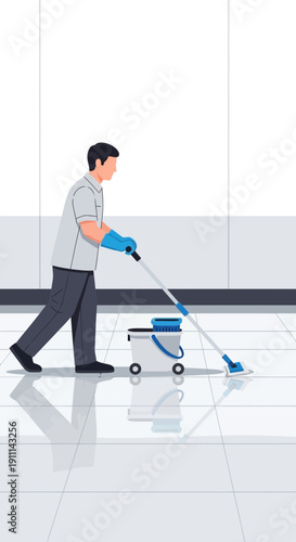 Professional Cleaner Mopping Reflective Floor In Modern Office Space