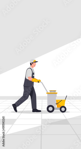 Professional Cleaner Pushing A Cart With Mop And Buckets For Janitorial Services