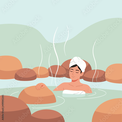 Relaxing Hot Spring Retreat With A Serene Woman Enjoying A Warm Bath