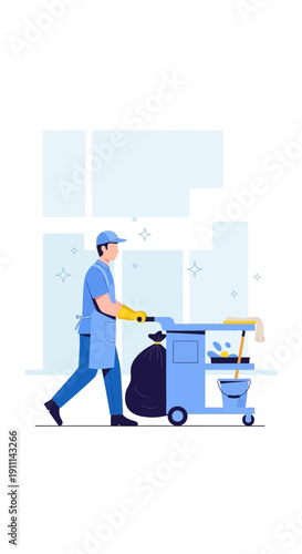 Professional Cleaner Pushing A Cart With Supplies Promoting Hygiene And Sanitation Services