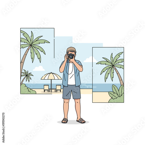 Photographer Capturing Scenic Tropical Beach Views With Palm Trees