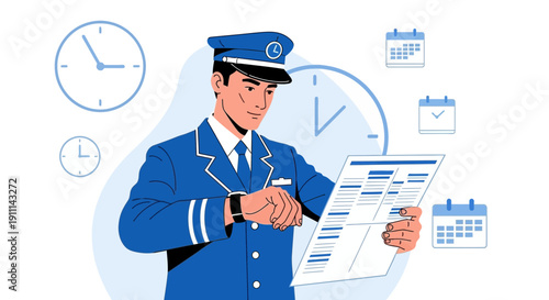 Professional Conductor Checks Schedule Diligently Amidst Clock and Calendar Motif