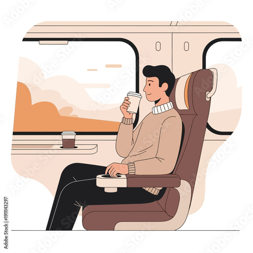 Relaxing Journey Enjoying A Warm Beverage While Traveling By Train