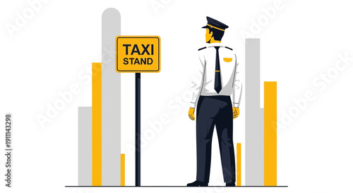 Professional Driver Awaiting Passengers At Busy Taxi Stand With Abstract Cityscape Background