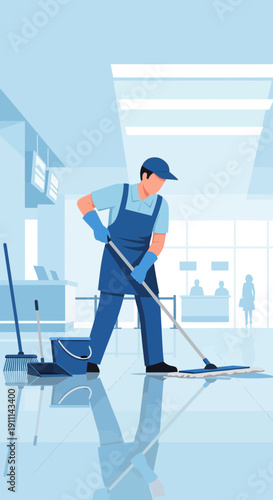 Professional Janitor Mops Floor in Bright Modern Interior Setting