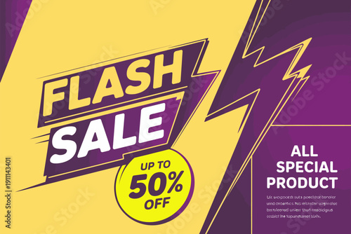 flash sale discount banner template promotion, lightning icon with yellow text on purple background, limited time offer design, special price marketing concept, ecommerce advertisement layout, modern 
