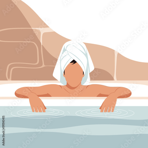 Relaxing Spa Bath Experience With Towel Wrapped Head Serene Water Immersion