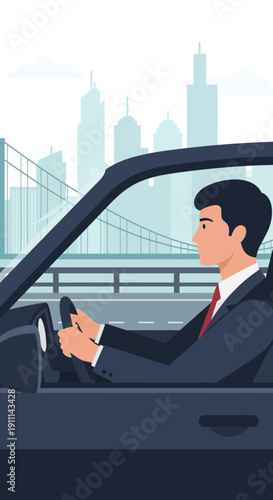 Professional Man Driving Modern Vehicle Through Cityscape
