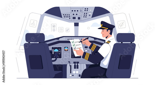 Professional Pilot Conducting Preflight Checks In A Modern Aircraft Cockpit