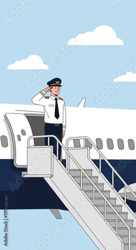 Professional Pilot Saluting Aboard Commercial Airplane Ready For Departure