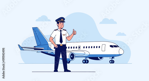 Professional Pilot Standing Thumbs Up Next To Airplane Ready For Takeoff