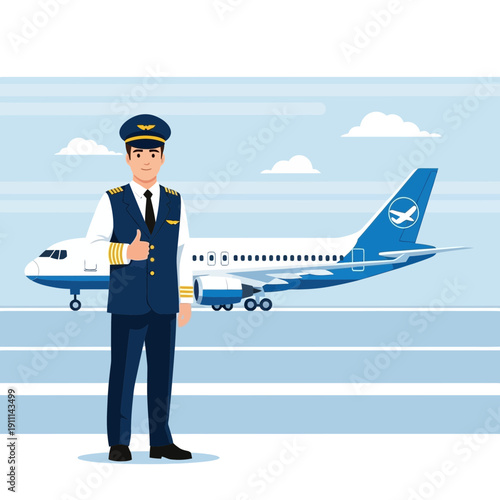 Professional Pilot Standing Proudly Next To Commercial Airliner Jet Ready For Flight