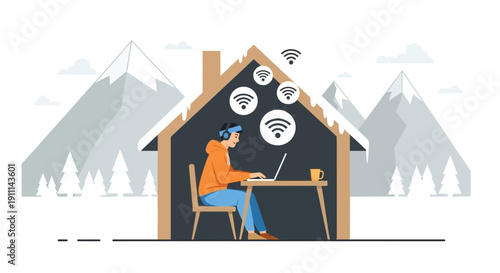 Remote Work In Cozy Cabin With Strong Wifi Signal Amidst Snowy Peaks