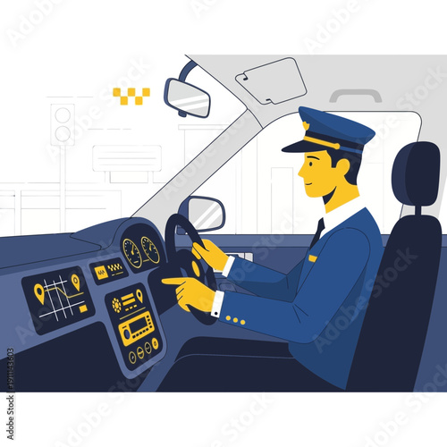 Professional Taxi Driver Navigating City Streets With Modern Vehicle Interior Display