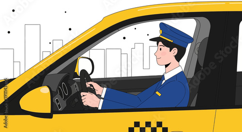 Professional Taxi Driver Navigating Urban Metropolis with Professionalism and Skill