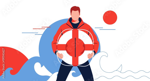 Rescuer Holding Lifebuoy Ready for Action in Abstract Water Scene