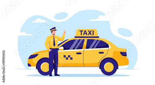 Professional Taxi Driver Standing Beside A Yellow Sedan With Taxi Sign