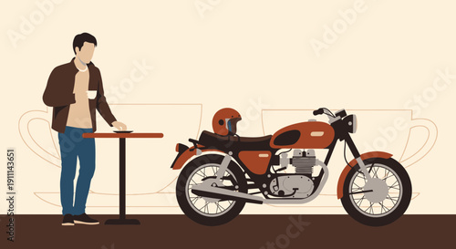 Retro Motorcycle Rider Enjoying Coffee Break