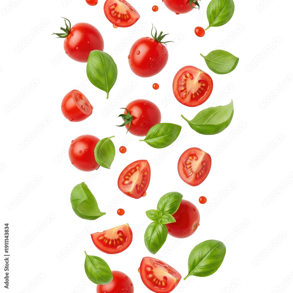Naklejka premium Fresh tomatoes and basil leaves falling in air
