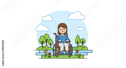 Cartoon illustration of a young girl in a red wheelchair by a river, surrounded by green trees and fluffy clouds.