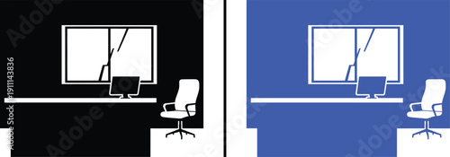 Modern office workspace vector illustration with desk, computer monitor, and ergonomic chair, minimalist interior design for professional business and remote work concepts.