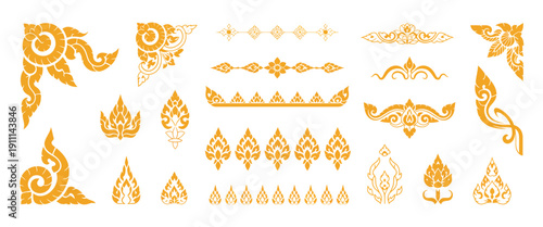 Thai Traditional Kanok Pattern Collection Featuring Lotus Ornaments, Floral Symbols, Elegant Borders, Corner Motifs, and Cultural Decorative Elements for Luxury Branding Design.