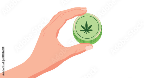 Human hand holding a round green token or coin with a prominent cannabis leaf symbol on its surface.