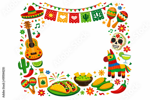 A vibrant illustration celebrating Cinco de Mayo with colorful Mexican symbols and decorations