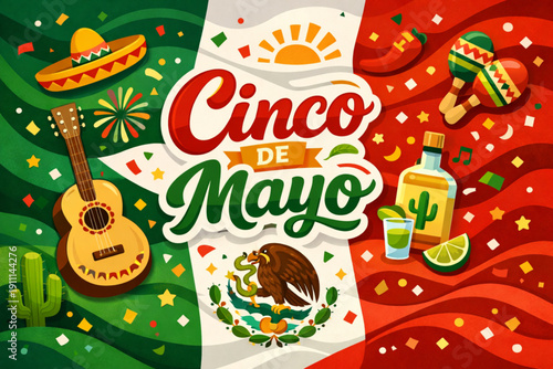 A vibrant illustration celebrating Cinco de Mayo with Mexican symbols and festive elements