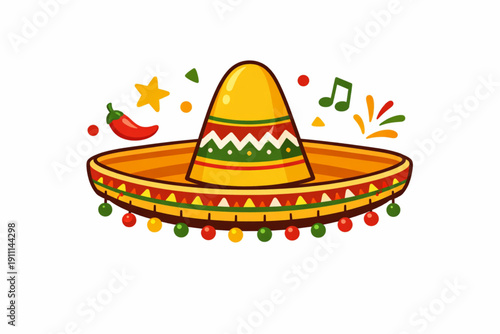 A colorful sombrero with vibrant patterns and tassels on a white background
