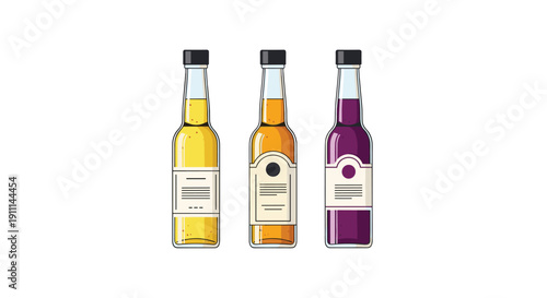 Three tall glass bottles with blank labels containing yellow, orange, and purple liquids with black caps.