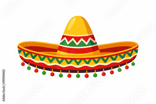 A colorful sombrero with vibrant patterns and tassels on a white background