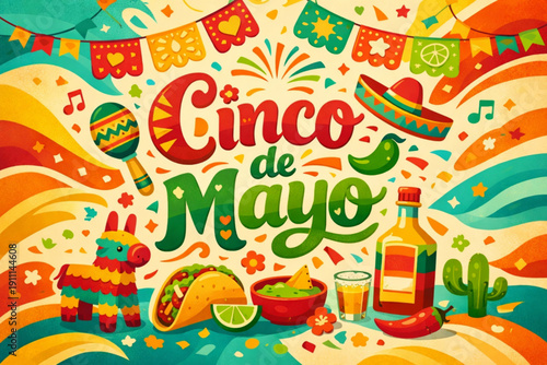 A vibrant illustration celebrating Cinco de Mayo with colorful decorations and traditional Mexican food
